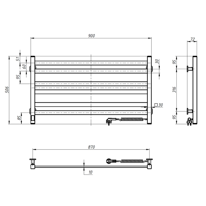 Sèche-serviettes de salle de bains AVANGARD en échelle avec thermostat 316W/230V 50,6 cm IP44 noir, version droite, profil carré