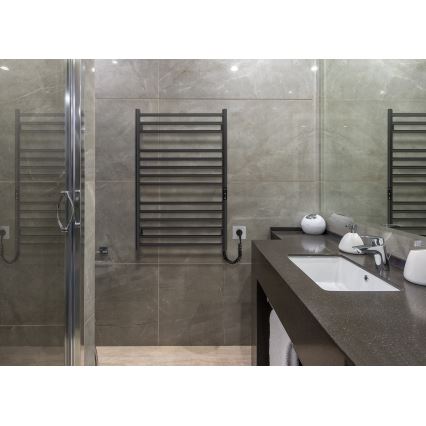 Sèche-serviettes pour salle de bains HF GREENWICH 170W/230V 77x53 cm, noir, raccordement côté droit, profil rond