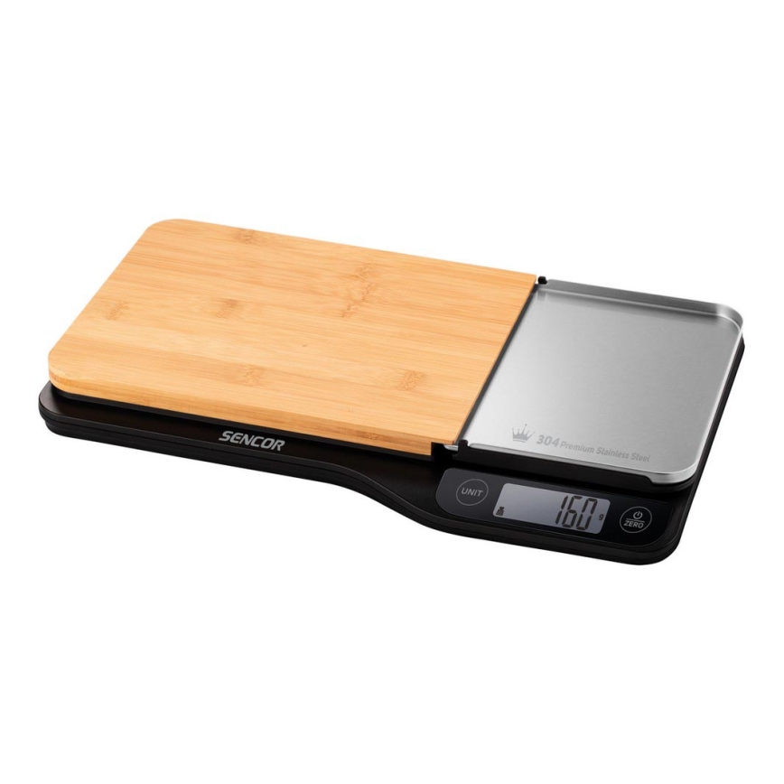 Sencor - Balance de cuisine électronique avec planche à découper en bambou 2xAAA noire