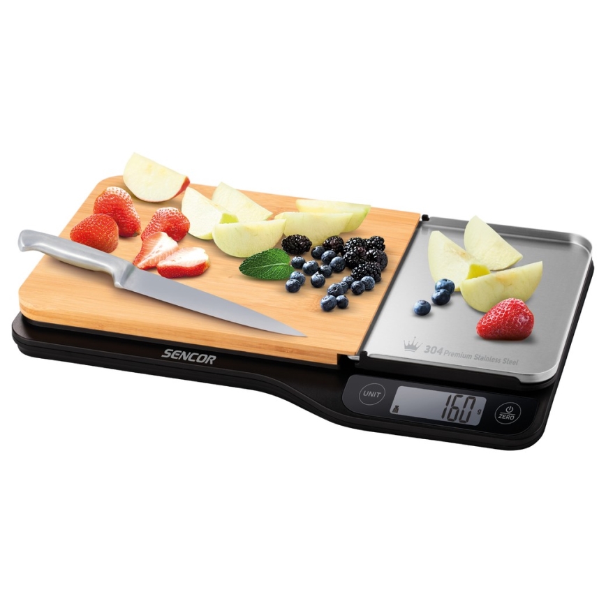 Sencor - Balance de cuisine électronique avec planche à découper en bambou 2xAAA noire