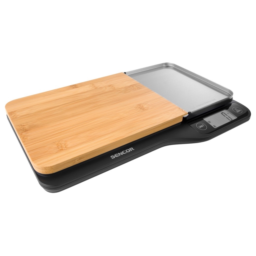 Sencor - Balance de cuisine électronique avec planche à découper en bambou 2xAAA noire