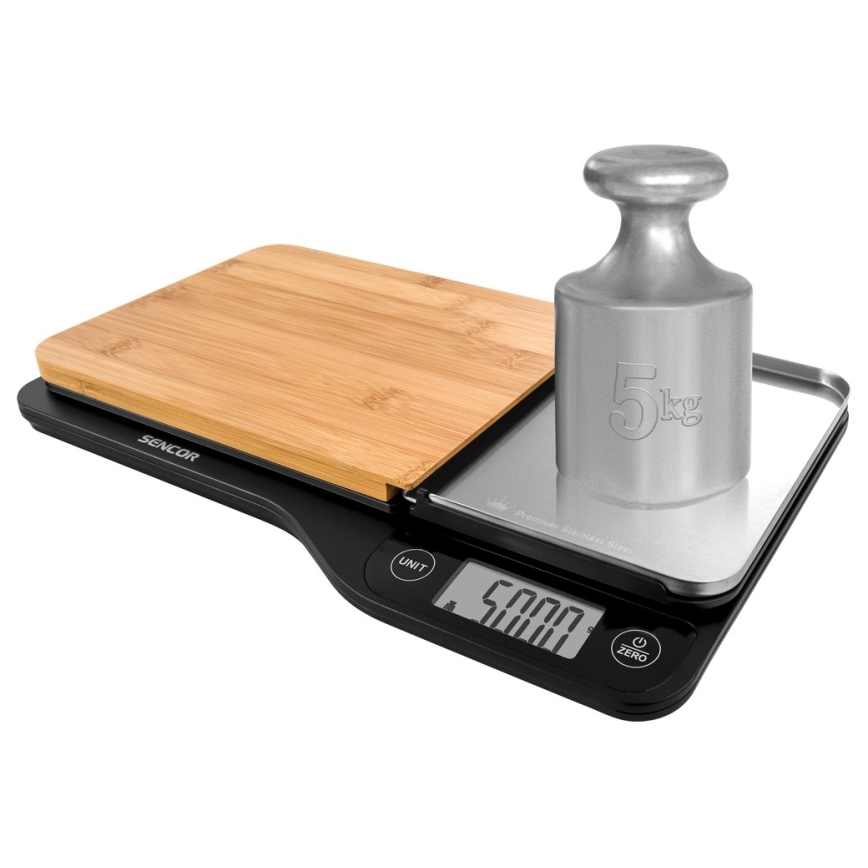 Sencor - Balance de cuisine électronique avec planche à découper en bambou 2xAAA noire