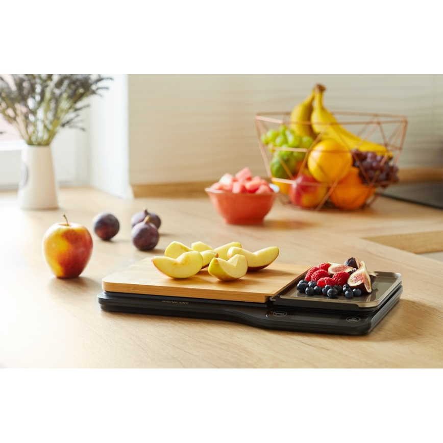 Sencor - Balance de cuisine électronique avec planche à découper en bambou 2xAAA noire