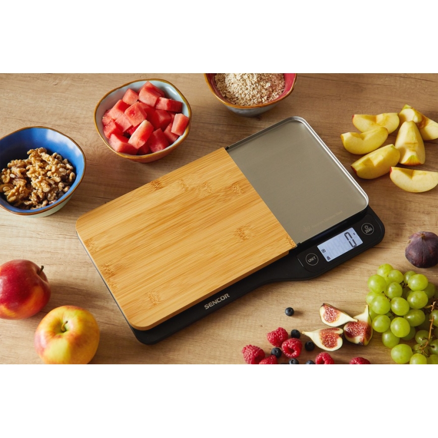 Sencor - Balance de cuisine électronique avec planche à découper en bambou 2xAAA noire