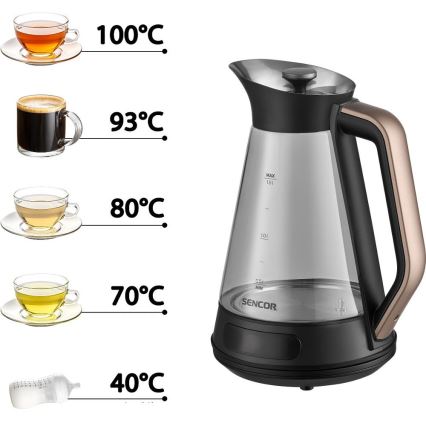 Sencor - Bouilloire électrique à réglage de température 1,5 l 2150 W/230 V noire/or rose