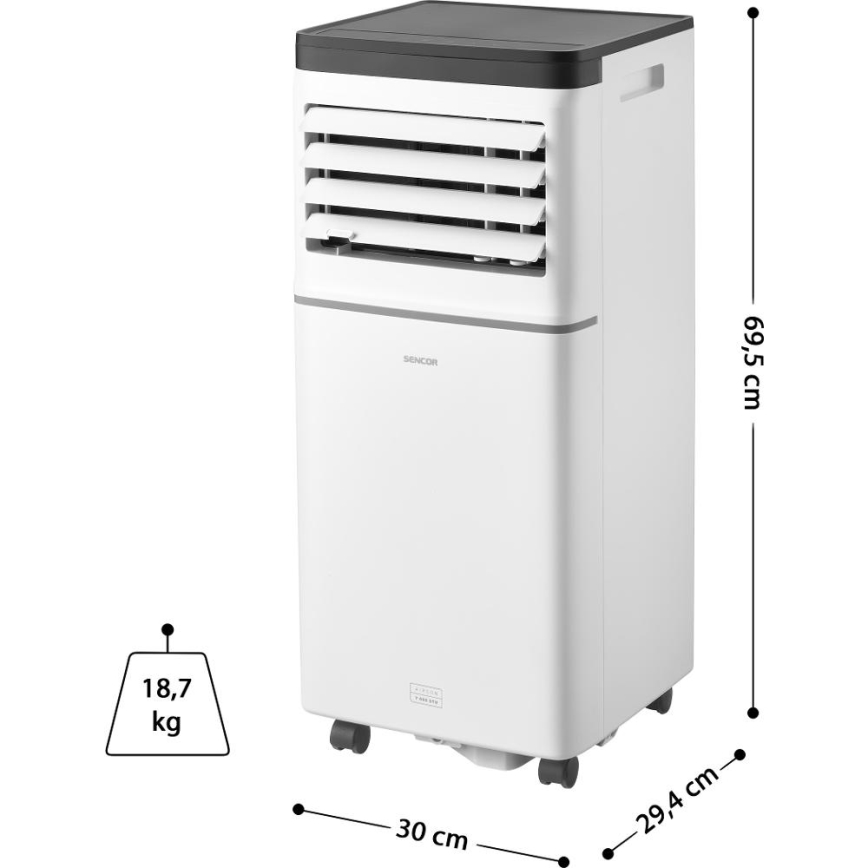 Sencor - Climatiseur mobile connecté 3 en 1, livré avec l'ensemble des accessoires, 760 W/230 V, 7000 BTU, Wi-Fi, blanc + télécommande