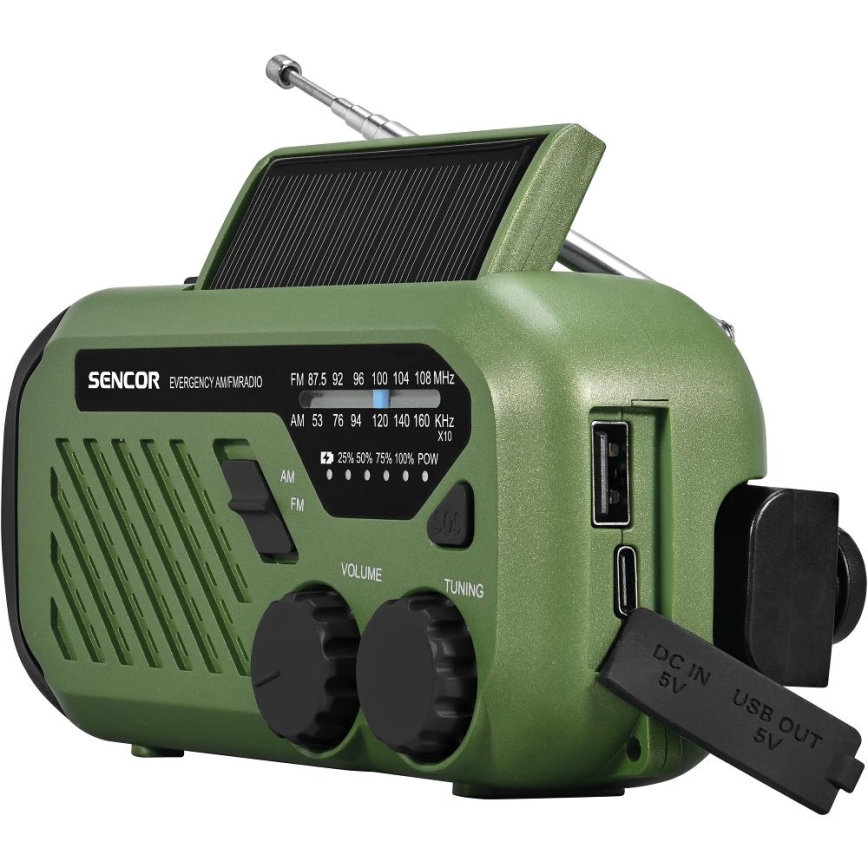Sencor - Radio de camping avec panneau solaire et lampe LED 5V/2000 mAh IPX4 vert