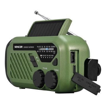 Sencor - Radio de camping à manivelle avec panneau solaire et lampe torche LED 5 V/2000 mAh IPX4, vert