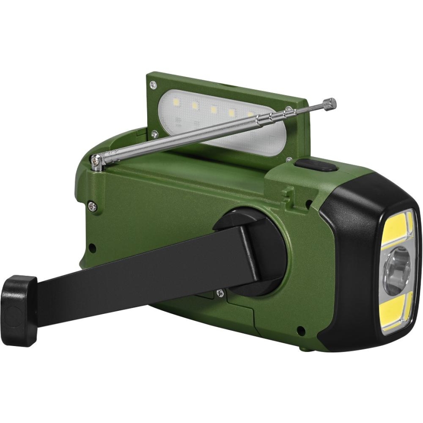 Sencor - Radio de camping à manivelle avec panneau solaire et lampe torche LED 5 V/2000 mAh IPX4, vert