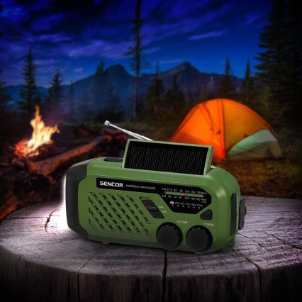 Sencor - Radio de camping à manivelle avec panneau solaire et lampe torche LED 5 V/2000 mAh IPX4, vert