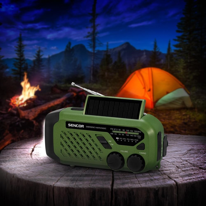 Sencor - Radio de camping à manivelle avec panneau solaire et lampe torche LED 5 V/2000 mAh IPX4, vert
