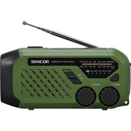 Sencor - Radio de camping à manivelle avec panneau solaire et lampe torche LED 5 V/2000 mAh IPX4, vert