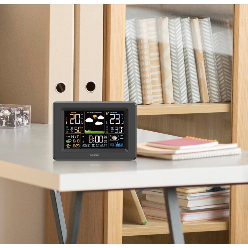 Sencor - Station météo avec écran LCD couleur, alimentée par 3xAA + 2xAA, noir