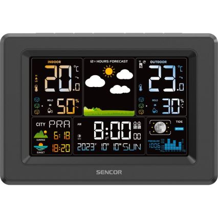 Sencor - Station météo avec écran LCD couleur, alimentée par 3xAA + 2xAA, noir