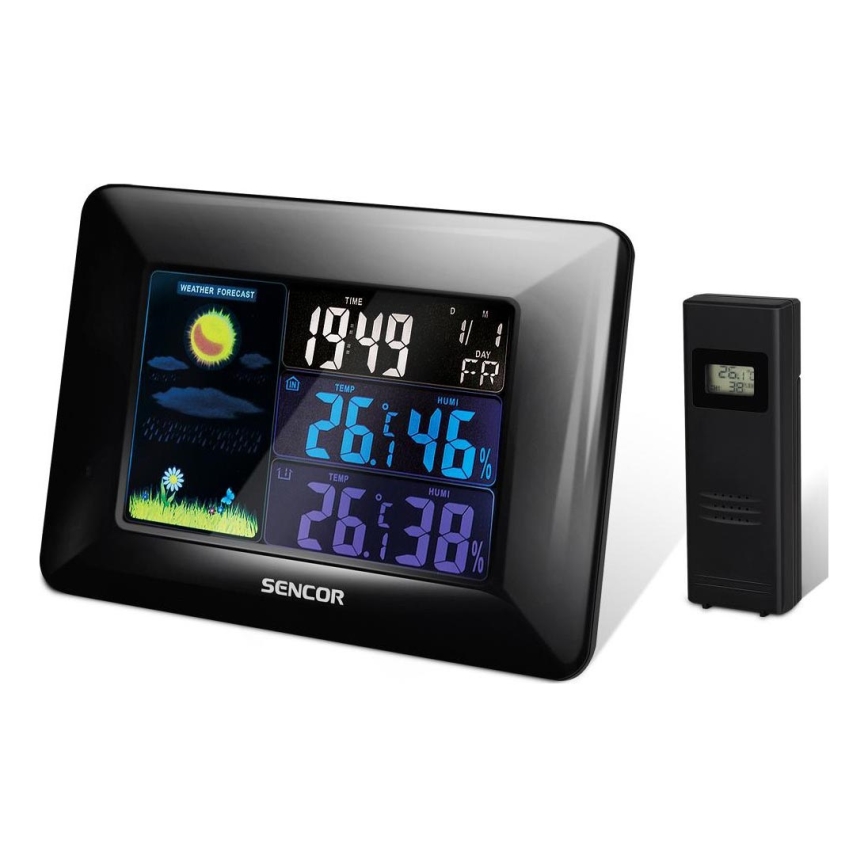 Sencor - Station météo avec écran LCD couleur et réveil 3xAAA + 2xAA noir