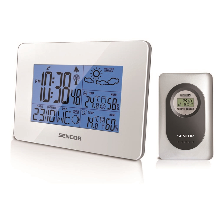 Sencor - Station météo avec écran LCD et réveil 3xAA + 2xAAA blanc