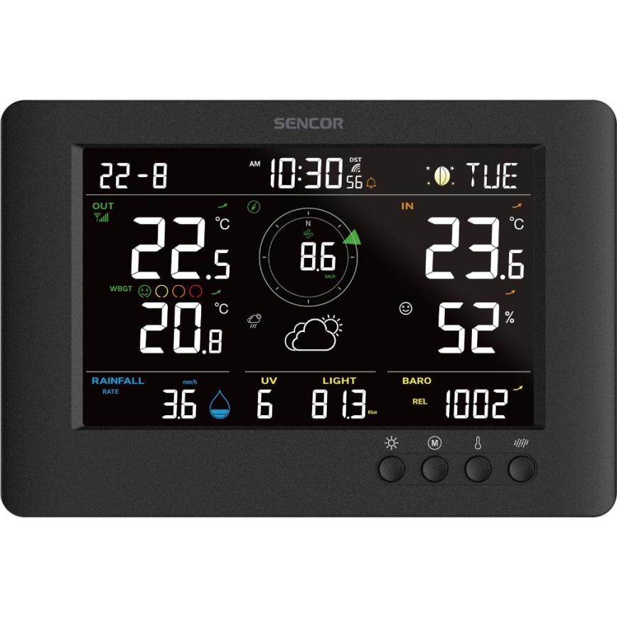 Sencor - Station météo professionnelle avec écran LCD couleur et réveil 5V/1xCR2032 + 3xAA