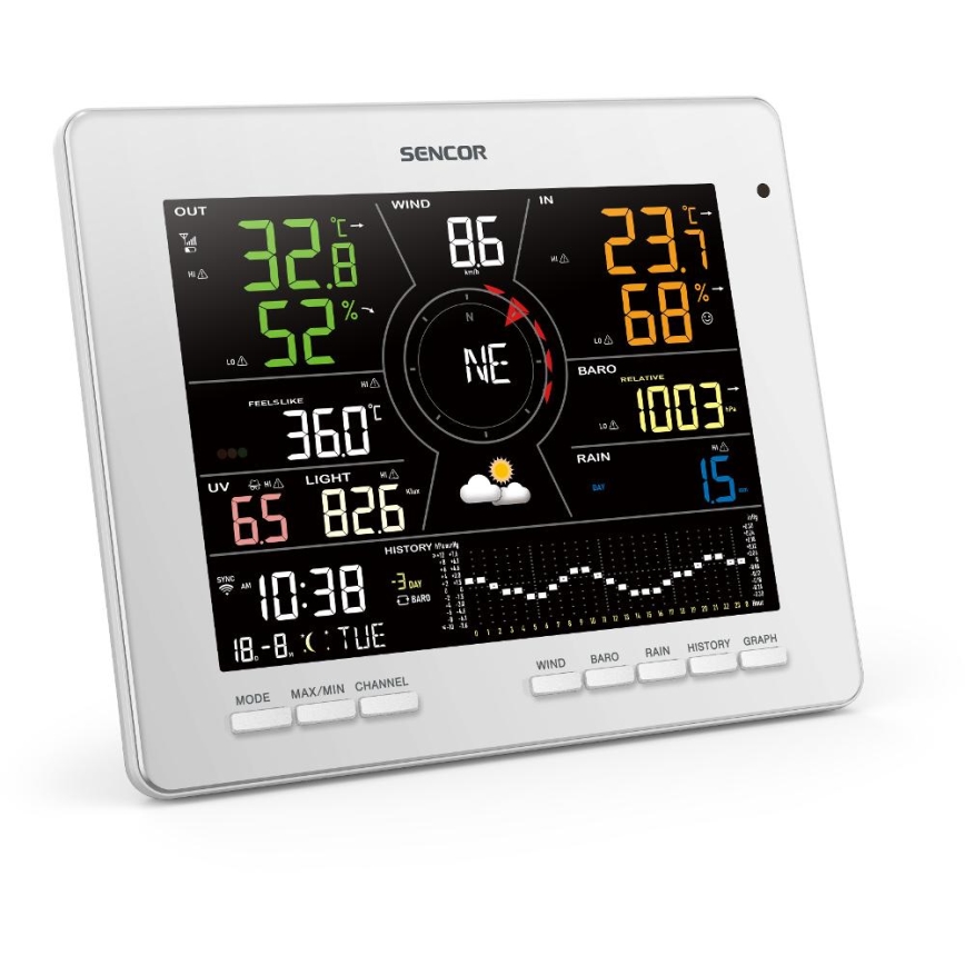 Sencor - Station météo professionnelle avec écran couleur LCD 5V 1xCR2032 + 3xAA + 2xAA Wi-Fi Tuya