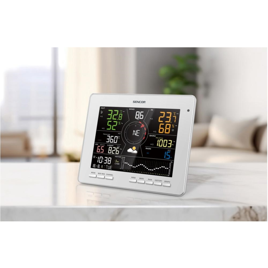 Sencor - Station météo professionnelle avec écran LCD couleur 5V 1xCR2032 + 3xAA + 2xAA Wi-Fi Tuya