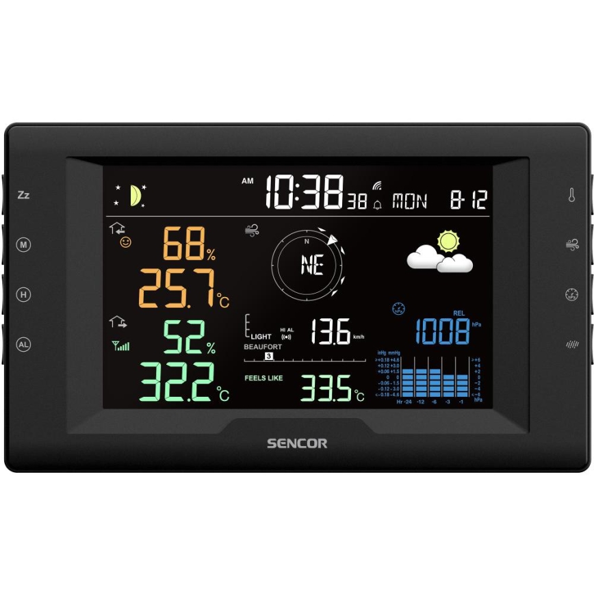 Sencor - Station météo professionnelle avec écran LCD couleur et réveil, alimentation 5V/1xCR2032 + 3xAA