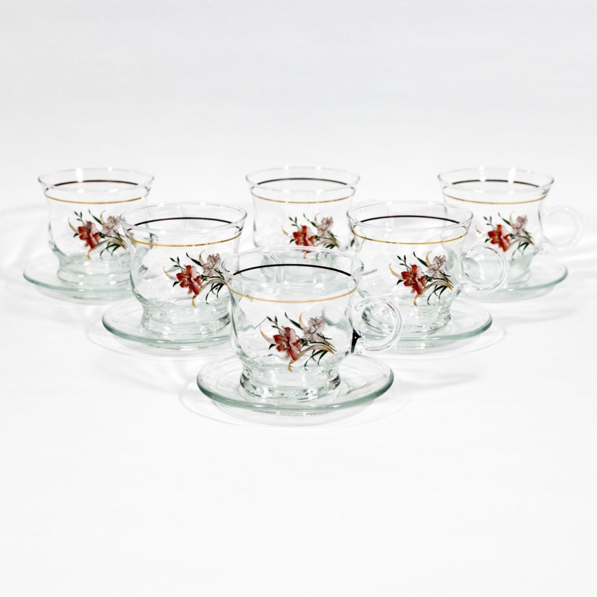Service 6x tasse en verre avec sous-tasse transparente