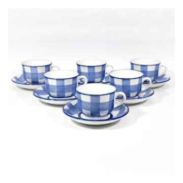 Service à café 6x tasse en céramique Lucie avec sous-tasse blanc bleu