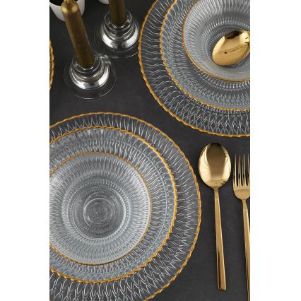 Service de table 12 pièces en verre transparent, finition dorée