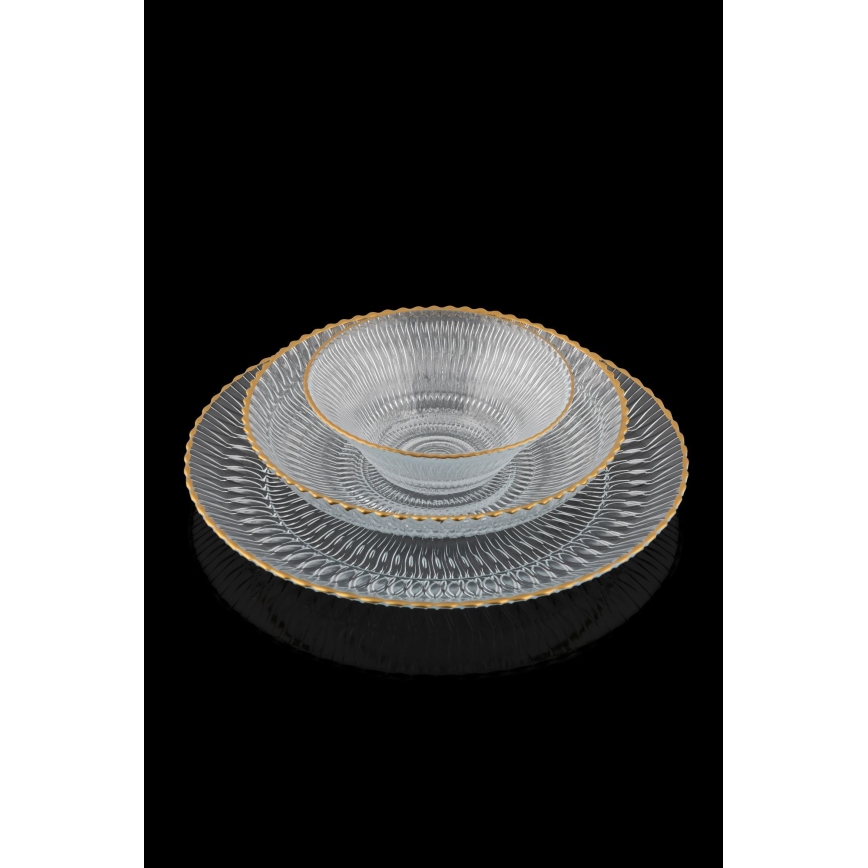 Service de table 12 pièces en verre transparent, finition dorée