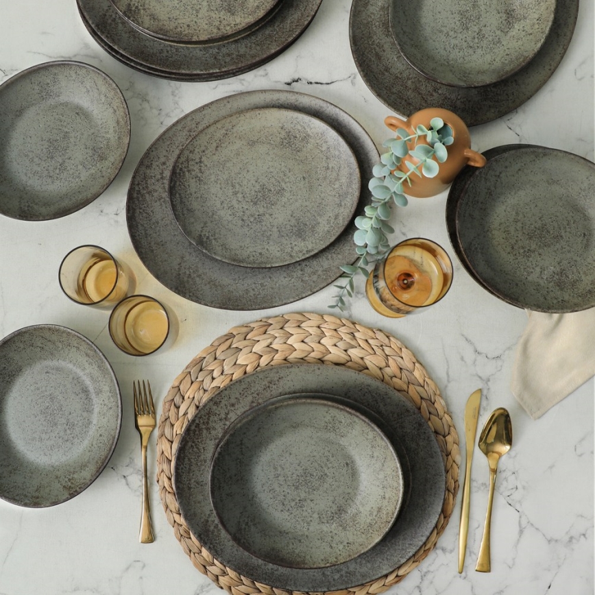 Service de table 18 pièces anthracite/vert/grès