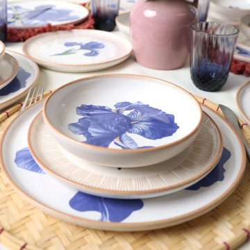 Service de table 18 pièces, blanc/bleu/beige, céramique