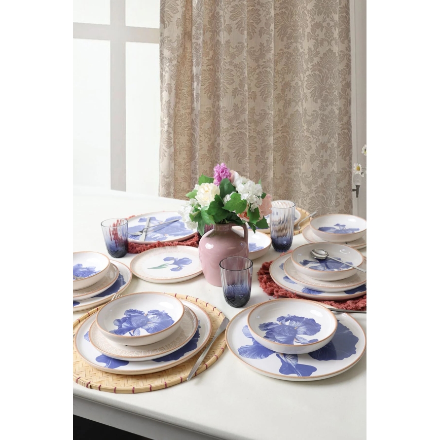 Service de table 18 pièces, blanc/bleu/beige, céramique