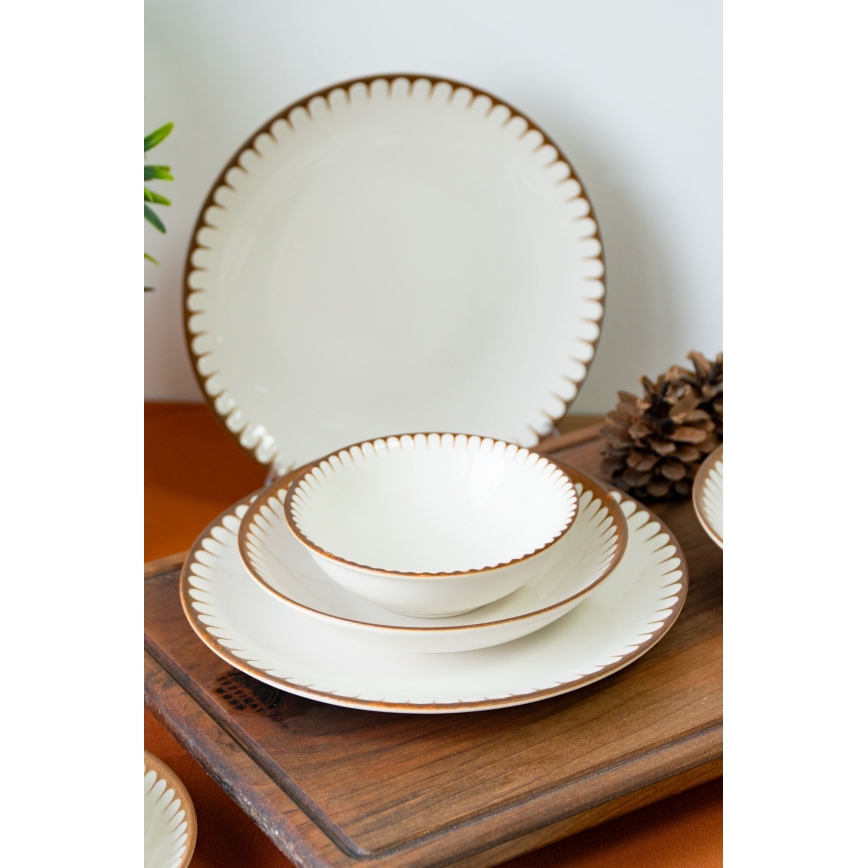 Service de table 18 pièces blanc/marron/porcelaine