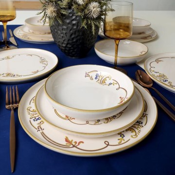 Service de table 18 pièces en céramique, couleur crème avec finition dorée