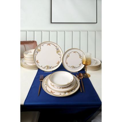 Service de table 18 pièces en céramique, couleur crème avec finition dorée