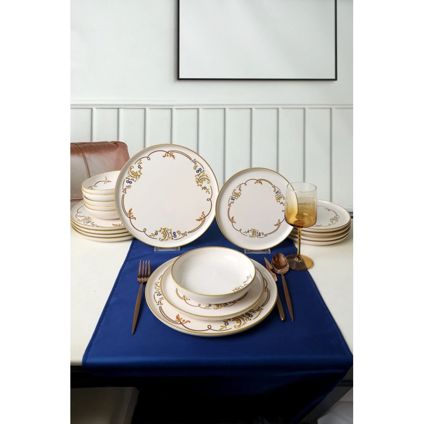 Service de table 18 pièces en céramique, couleur crème avec finition dorée
