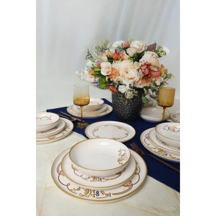 Service de table 18 pièces en céramique, couleur crème avec finition dorée
