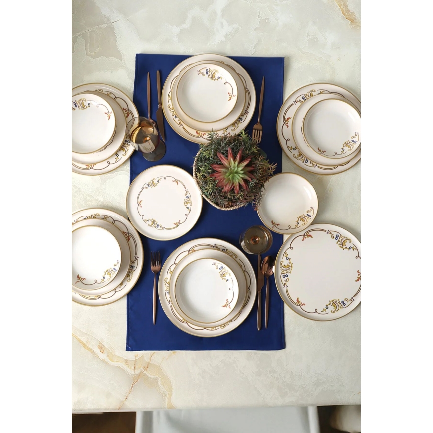 Service de table 18 pièces en céramique, couleur crème avec finition dorée