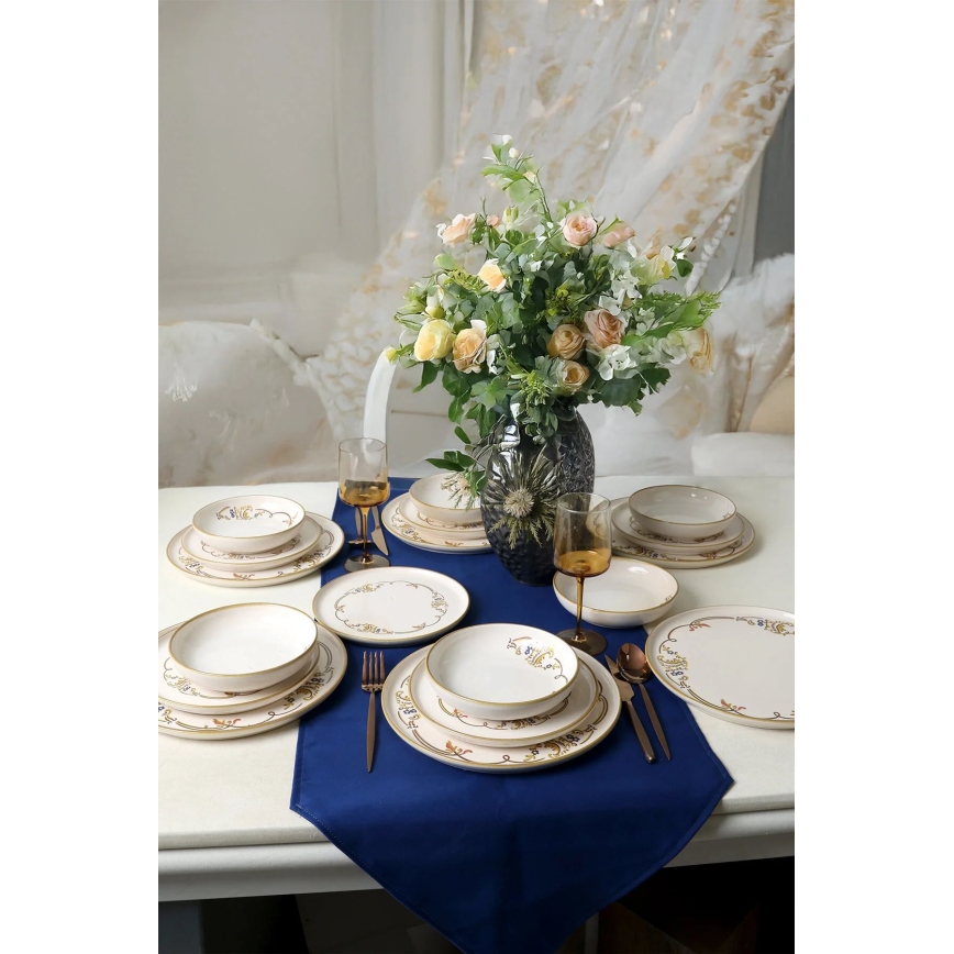 Service de table 18 pièces en céramique, couleur crème avec finition dorée