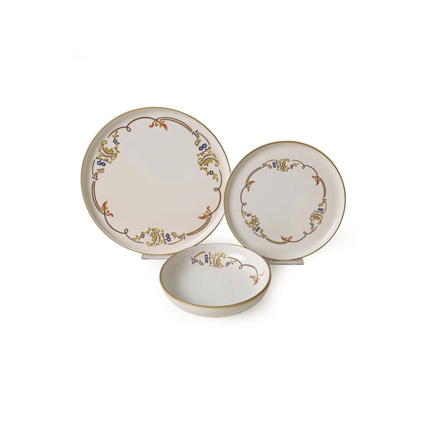 Service de table 18 pièces en céramique, couleur crème avec finition dorée