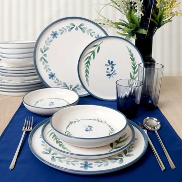 Service de table 18 pièces en céramique — blanc / bleu / vert