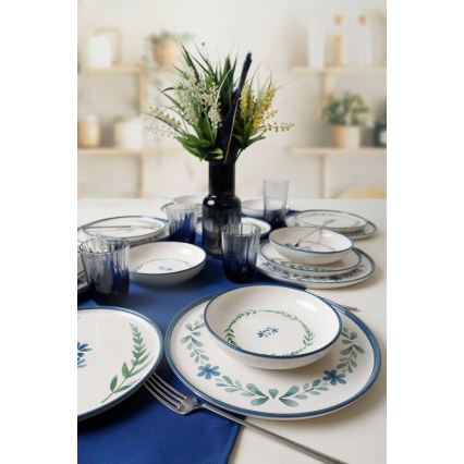 Service de table 18 pièces en céramique — blanc / bleu / vert