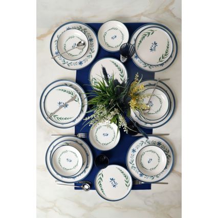 Service de table 18 pièces en céramique — blanc / bleu / vert
