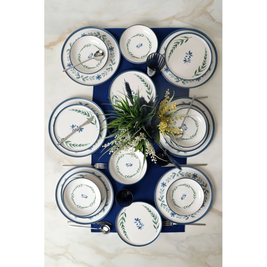 Service de table 18 pièces en céramique — blanc / bleu / vert