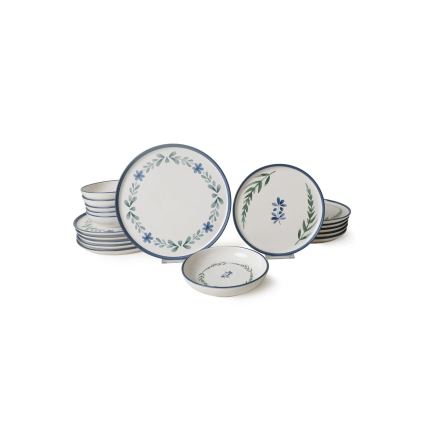 Service de table 18 pièces en céramique — blanc / bleu / vert