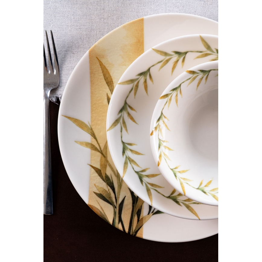 Service de table 18 pièces en porcelaine blanche/verte/jaune