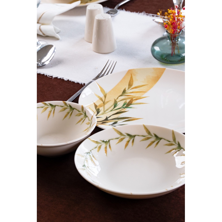 Service de table 18 pièces en porcelaine blanche/verte/jaune