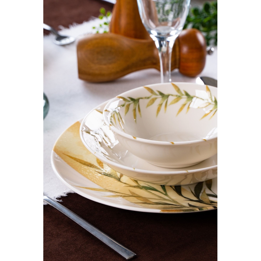 Service de table 18 pièces en porcelaine blanche/verte/jaune