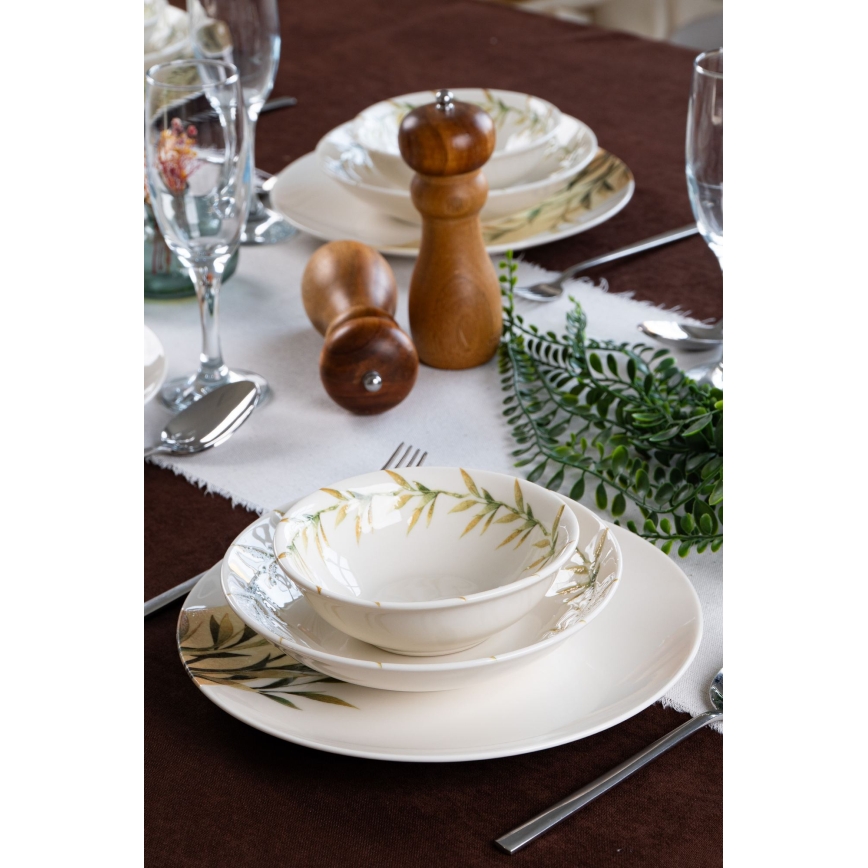 Service de table 18 pièces en porcelaine blanche/verte/jaune
