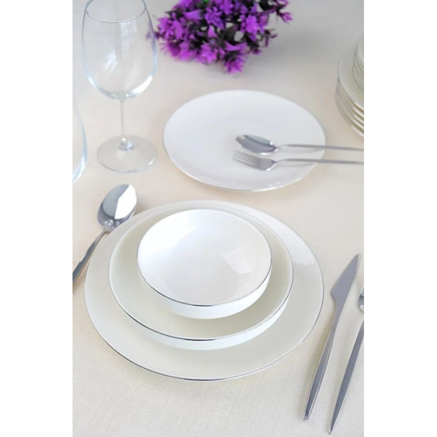 Service de table 24 pièces blanc/argent/porcelaine