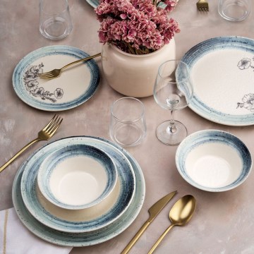 Service de table 24 pièces, blanc/bleu, en céramique